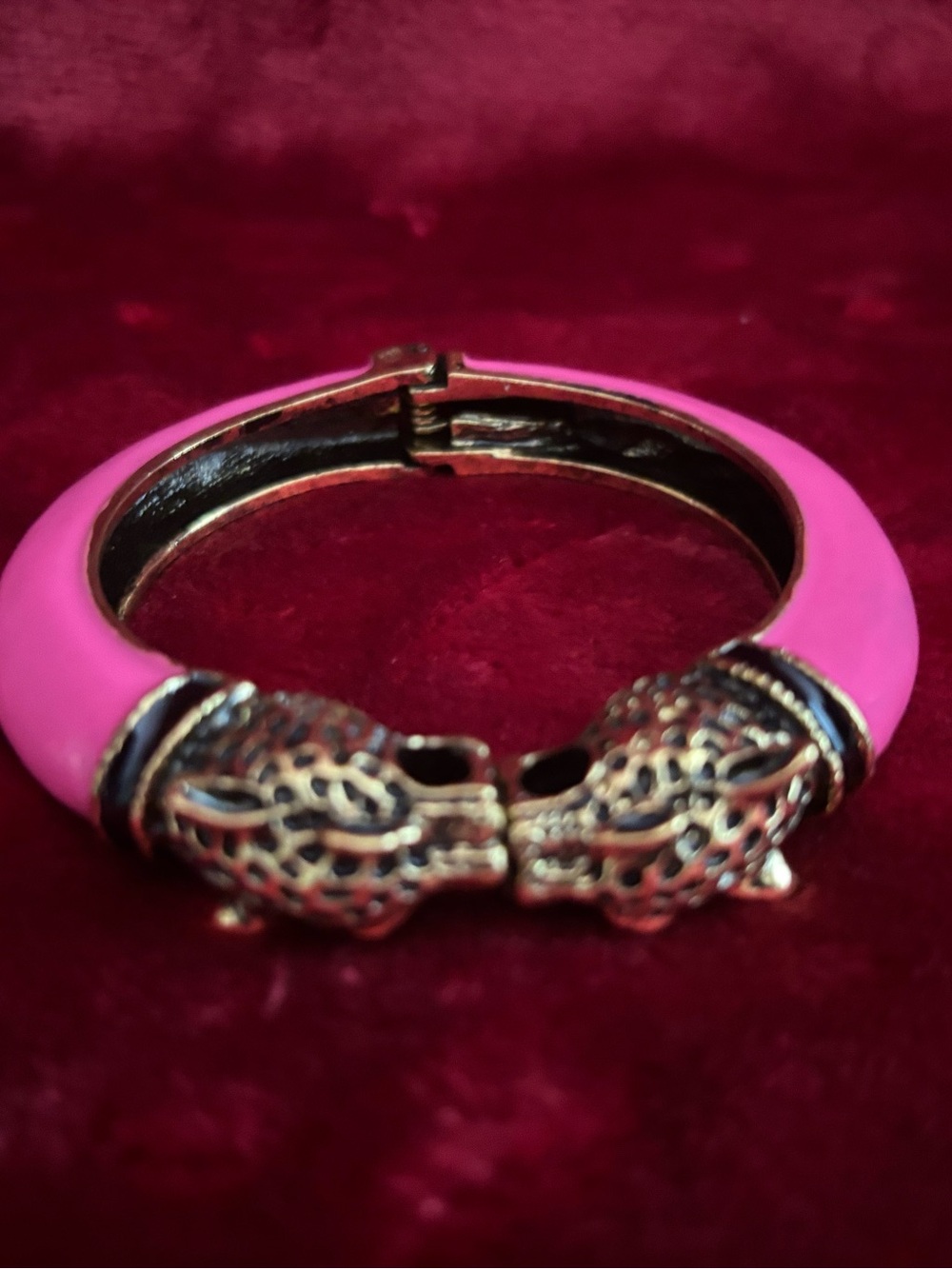Pink Enamel Leopard Head Hinged Bangle Bracelet